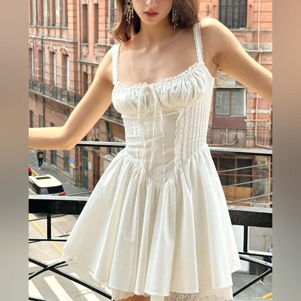 White coastal cowgirl lace trim corset short dress